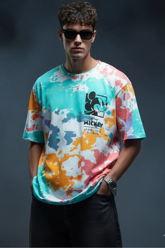 🎧 Mickey Loves Music White Oversized Tie-Dye Printed T-Shirt