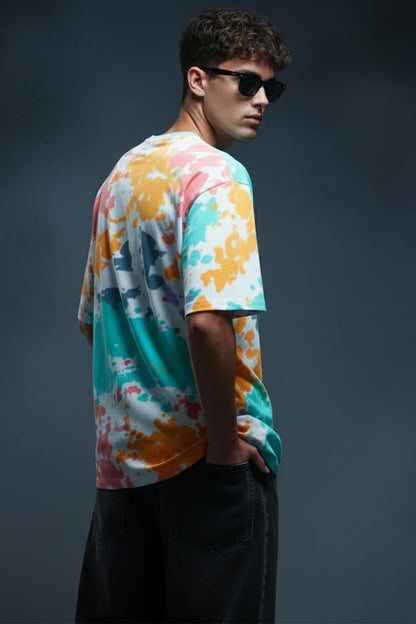 🎧 Mickey Loves Music White Oversized Tie-Dye Printed T-Shirt