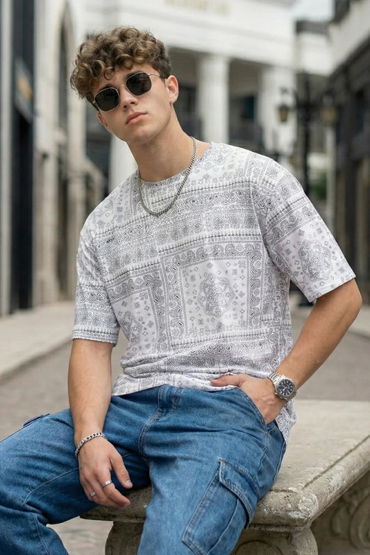 🤍 Paisley White Oversized All Over Printed T-Shirt