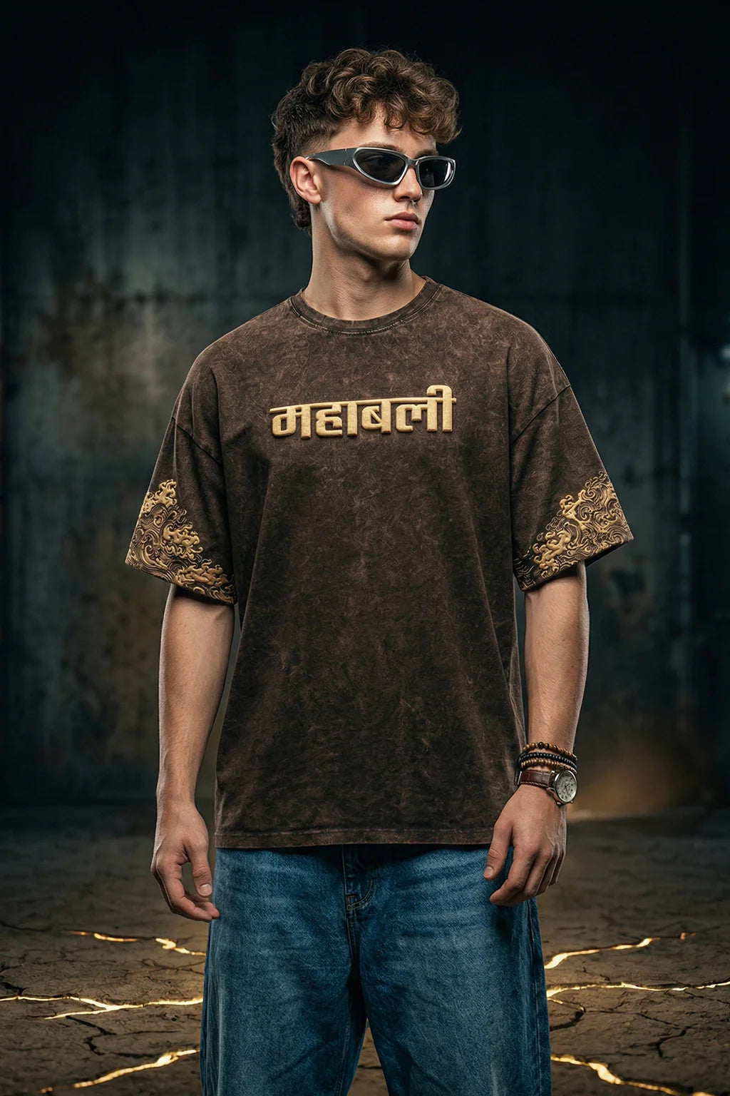 🖤 महाबली Black Acid-Washed Puff Printed Oversized T-Shirt – Supreme Edition