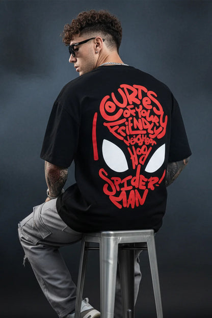 🕷️ Spiderman Black Oversized Typographic Printed T-Shirt