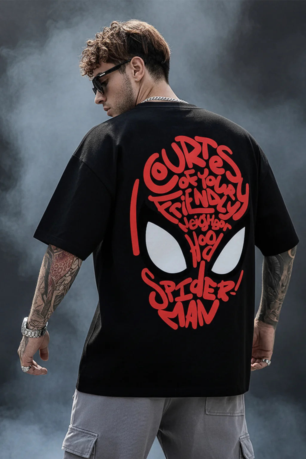 🕷️ Spiderman Black Oversized Typographic Printed T-Shirt