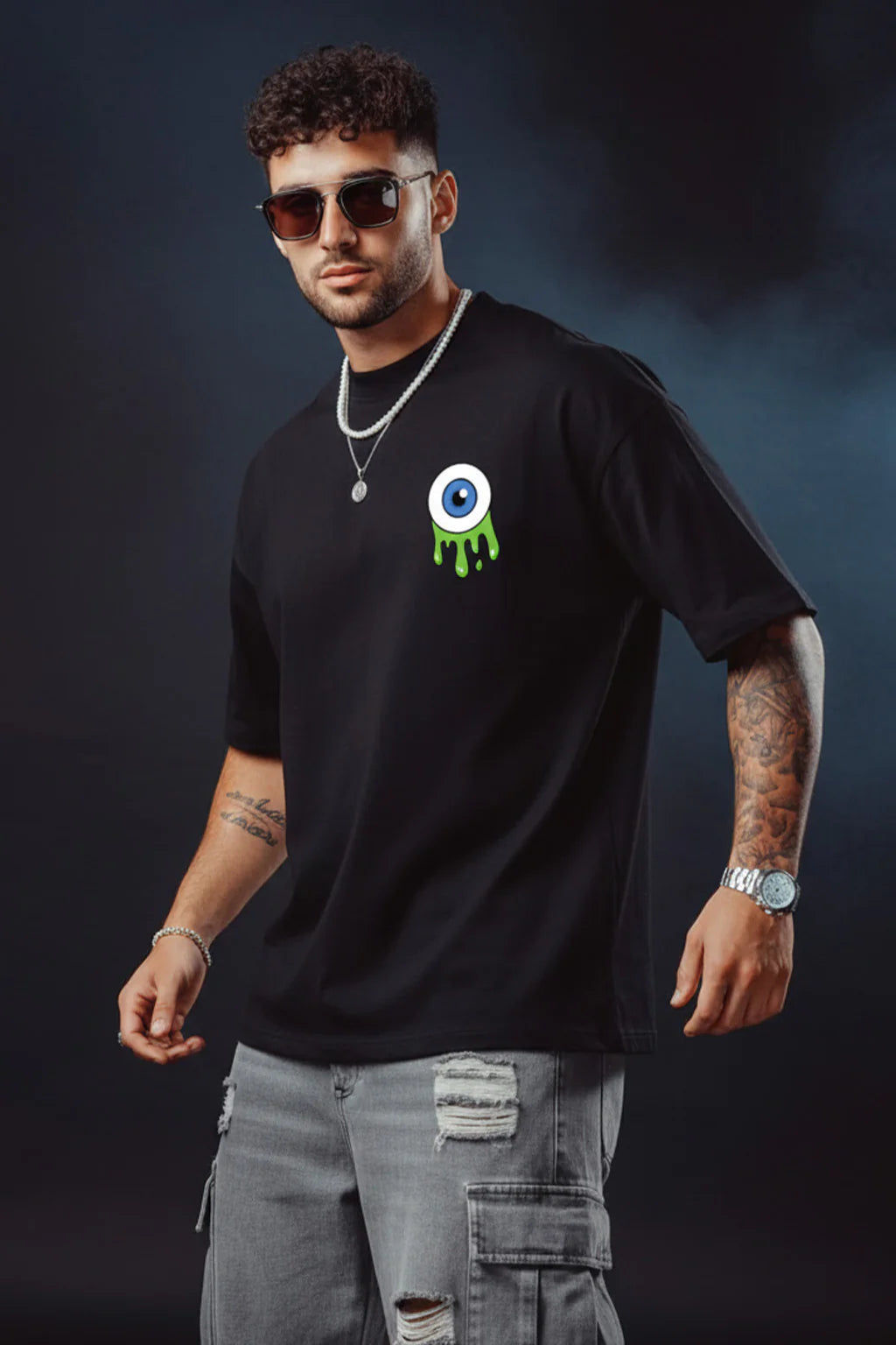 👁️ Eye Black Oversized Pocket Graphic Printed T-Shirt