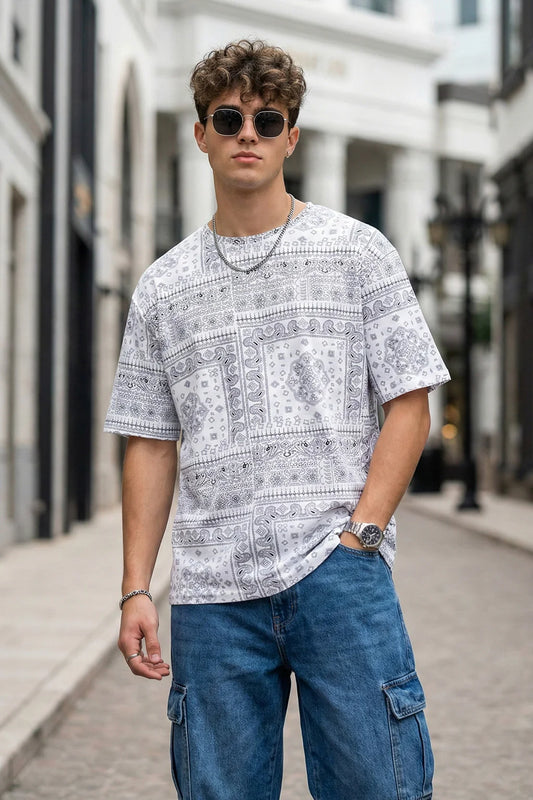 🤍 Paisley White Oversized All Over Printed T-Shirt