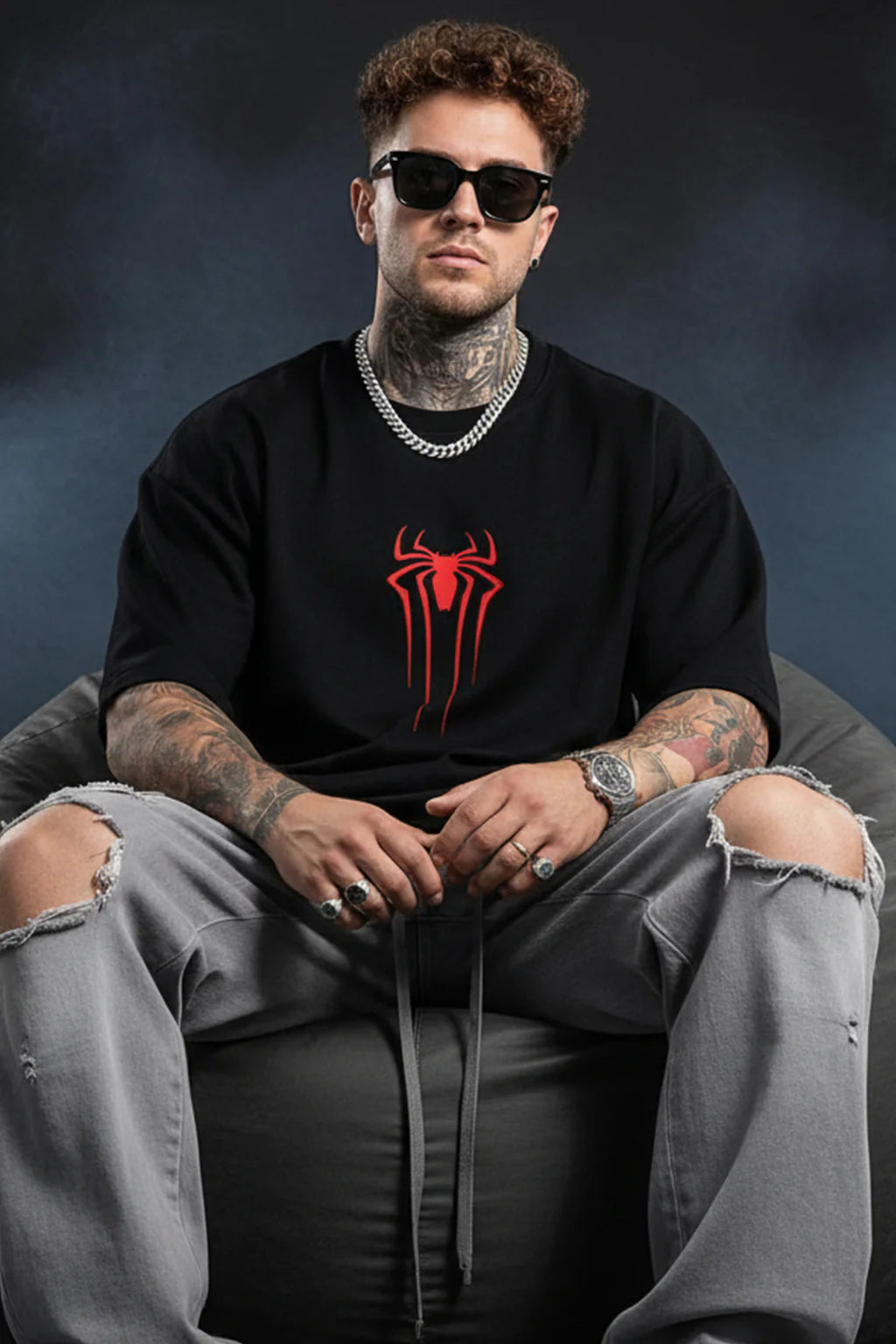 🕷️ Spiderman Black Oversized Typographic Printed T-Shirt