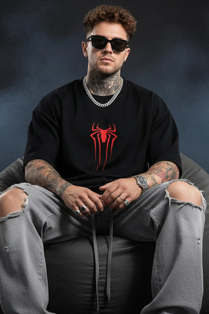 🕷️ Spiderman Black Oversized Typographic Printed T-Shirt