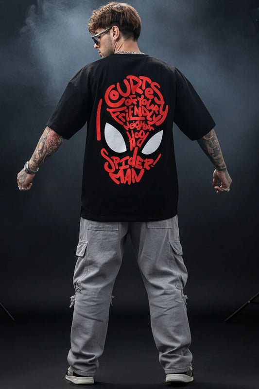 🕷️ Spiderman Black Oversized Typographic Printed T-Shirt