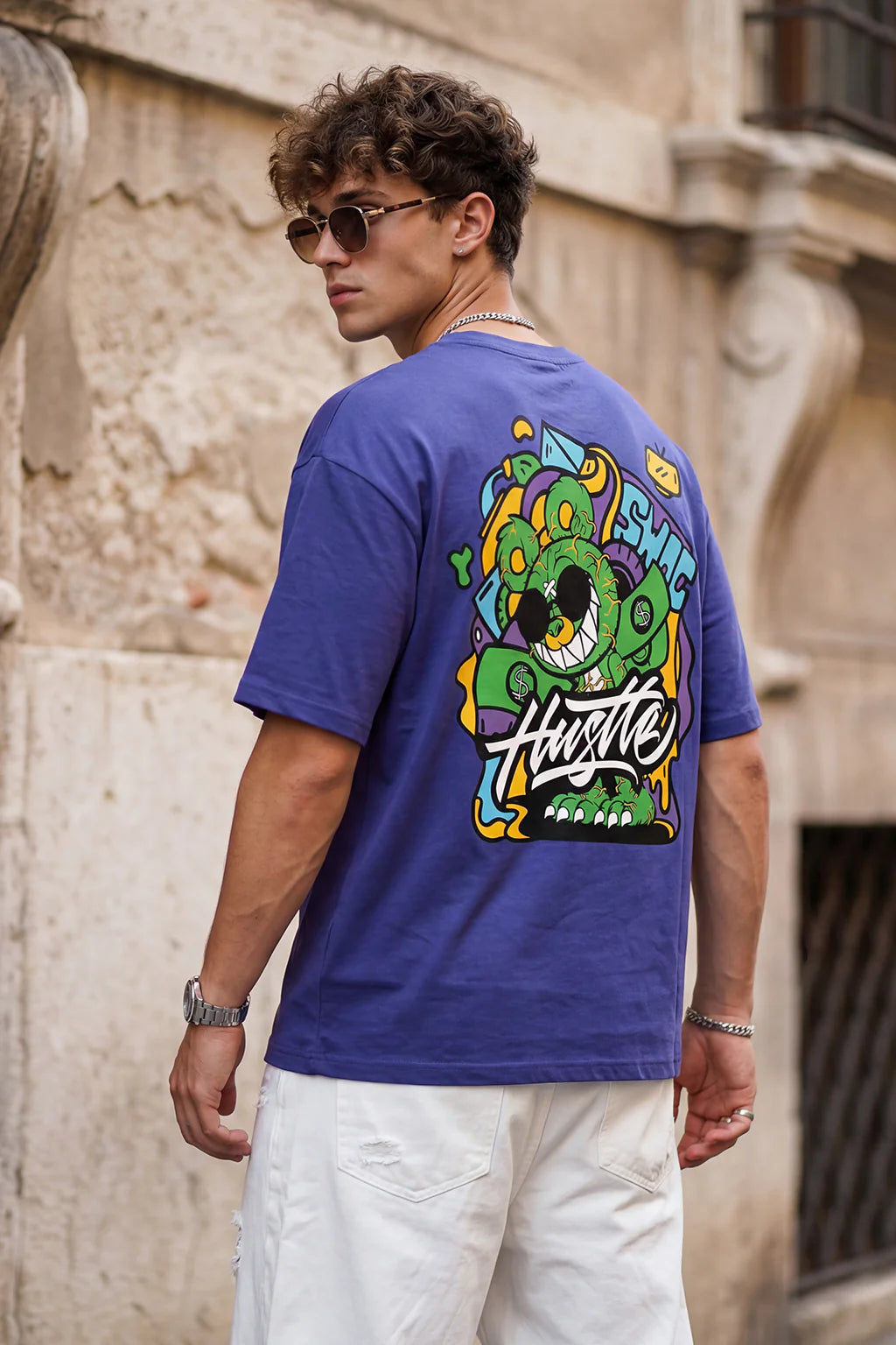 🔥 HUSTLE Blue Oversized Graphic Back Printed T-Shirt