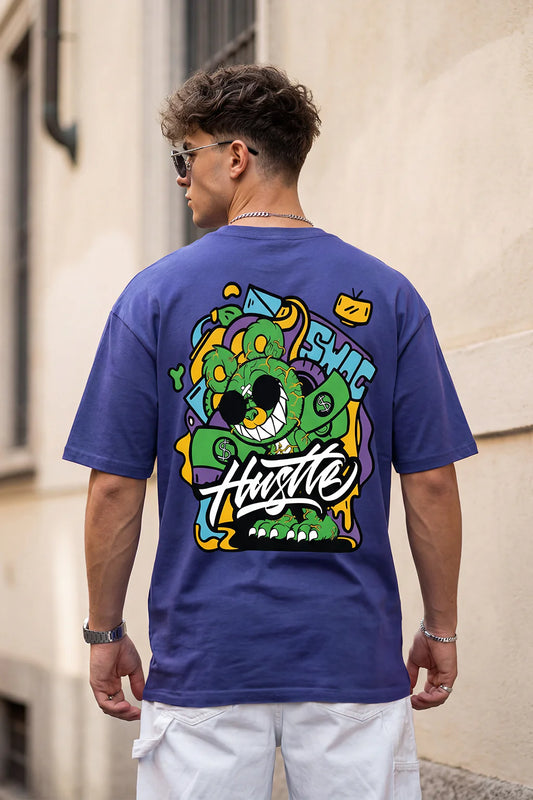 🔥 HUSTLE Blue Oversized Graphic Back Printed T-Shirt