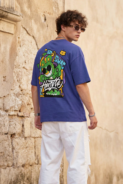 🔥 HUSTLE Blue Oversized Graphic Back Printed T-Shirt